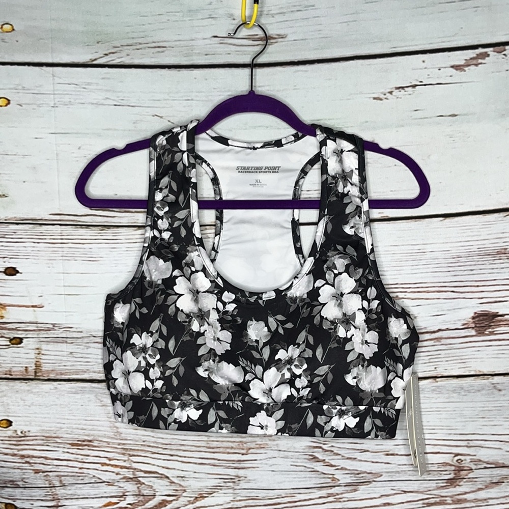 Starting Point NWT Sz XL Gray & White Floral Print Racerback Athletic Sports Bra